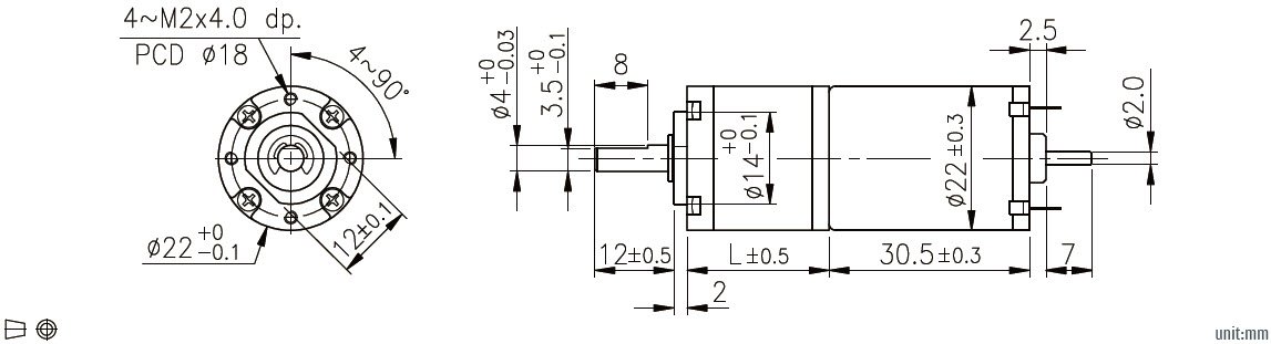 رسم الأبعاد لمحرك التروس الكوكبي DC