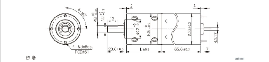 الرسم الفني لمحرك تروس Planet بدون فرش DC 24v