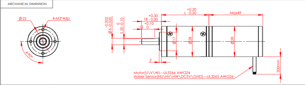 الأبعاد الميكانيكية لمحرك التروس الكوكبي 28 مم